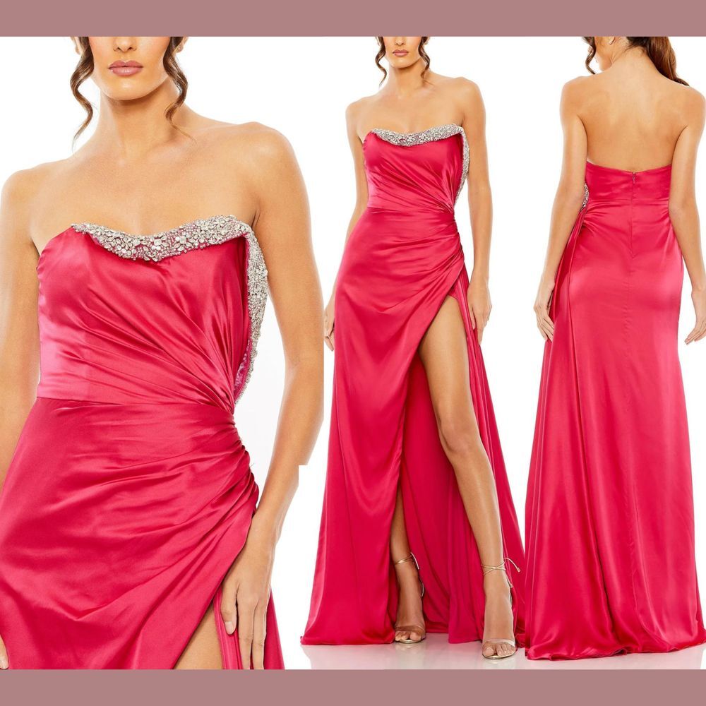 NWT $598 Mac Duggal [ 12 ] Strapless Ruched Embellished Gown in‎ Hot Pink #S1115